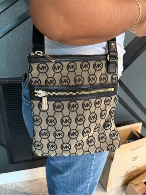 Michael Kors Beige & Black Signature MK Crossbody Messenger Bag